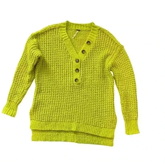 Free People Whistle Thermal Henley Sweater - Acid Lime Green - Size XS - Picture 2 of 7